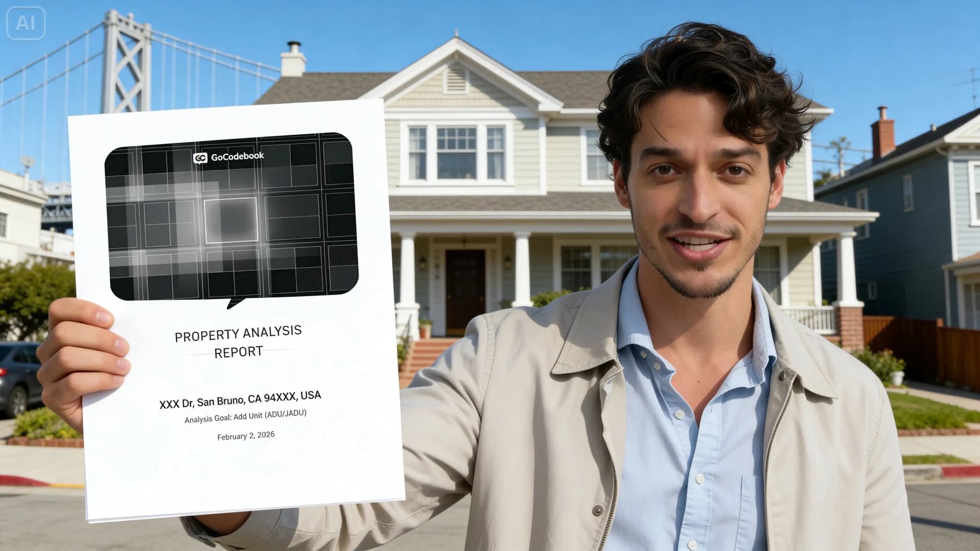 GoCodebook property analysis report held in front of a California home