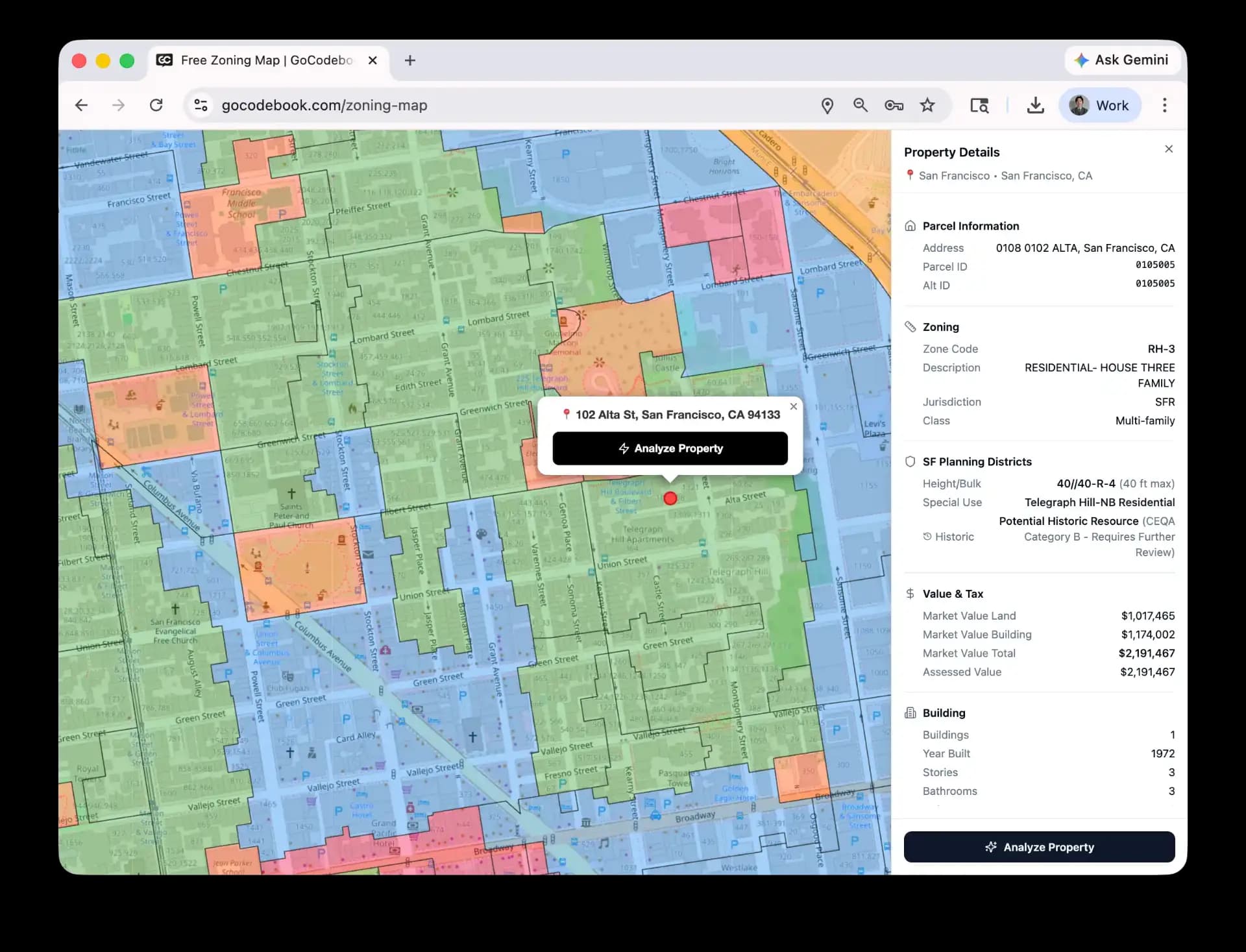 GoCodebook property analysis interface showing zoning regulations, permit requirements, and parcel information