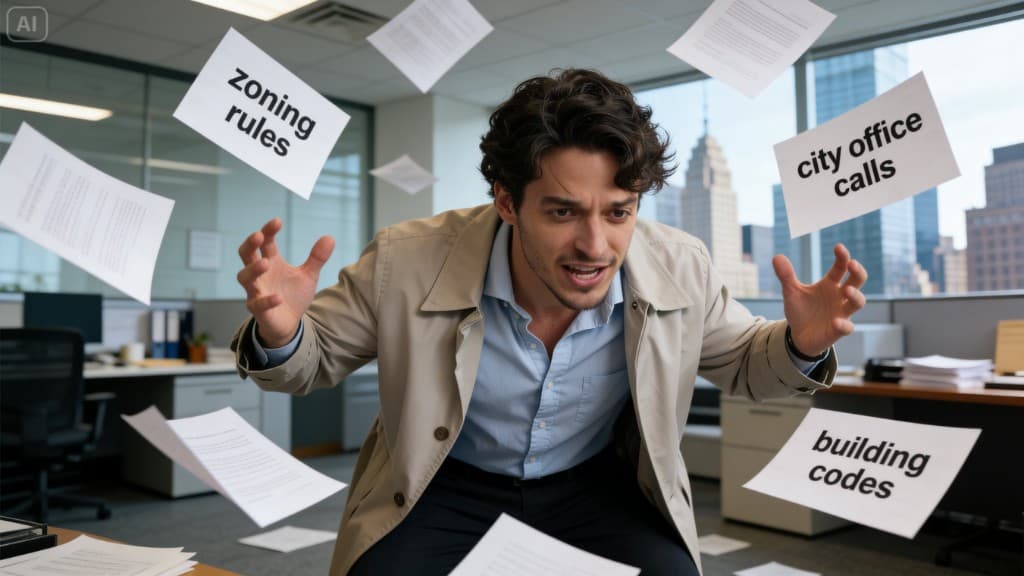 Overwhelmed property owner surrounded by flying zoning rules, city office calls, and building codes documents